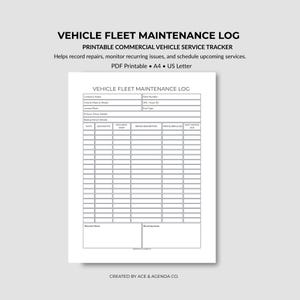 May include: A white printable vehicle fleet maintenance log with the title "VEHICLE FLEET MAINTENANCE LOG". The log helps record repairs, monitor issues, and schedule services. The document is available in A4 and US Letter sizes.