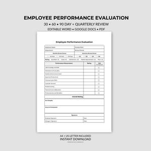 Employee Performance Evaluation Template | 30 60 90 Day Quarterly Review (Editable PDF)