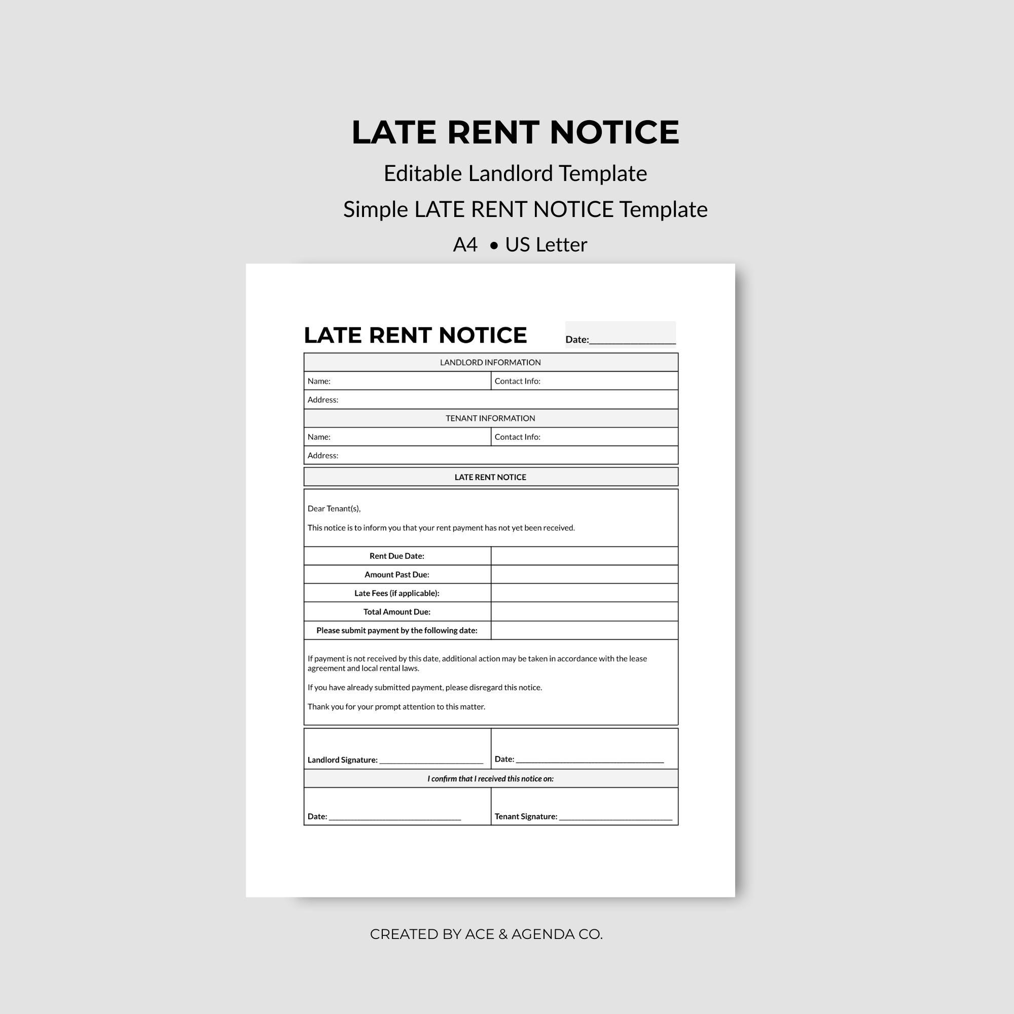 Late Rent Notice Template | Past Due Rent Letter | Editable Landlord ...