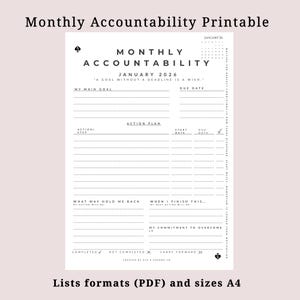 Könnte beinhalten: Ein schwarz-weiß druckbarer monatlicher Verantwortungsplaner mit dem Text "Monthly Accountability" und "Januar 2026". Enthält Abschnitte für Ziele, Aktionspläne und Fälligkeitstermine. Listenformate (PDF) und Größen A4.