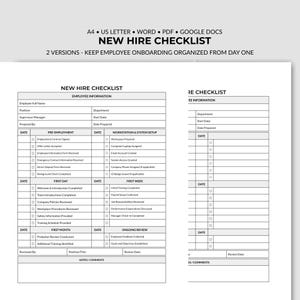 Op de afbeelding: Een afdrukbaar checklist-document voor nieuwe medewerkers met secties voor werknemersinformatie, pre-employment taken, werkplekinrichting en onboarding-mijlpalen voor de eerste dag, week en maand, inclusief ruimte voor notities en opmerkingen.