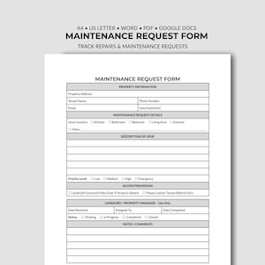 May include: A black and white maintenance request form document featuring sections for property information, request details, issue description, priority level, access permission, and a landlord or property manager use only section for tracking repairs.