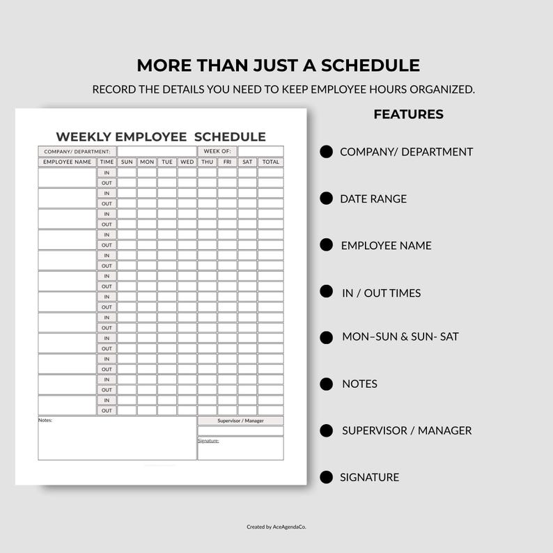 Weekly Employee Work Schedule Printable | Staff Time Sheet - Etsy