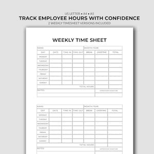 May include: A black and white printable weekly time sheet template featuring two identical tables for tracking employee hours. The document includes fields for name, month, year, day, date, time in, time out, break, overtime, total, and notes.