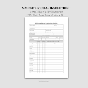 May include: A 5-Minute Rental Inspection report document featuring a 2-page move-in and move-out form. The template includes sections for property details, meter readings, keys, and a condition checklist for items like doors, walls, and windows.