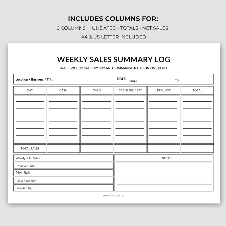 Weekly Sales Summary Log | Small Business Tracker (PDF Download A4/US ...