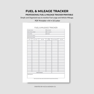 Może przedstawiać: Biała, drukowana karta "Fuel & Mileage Tracker" z układem siatki do śledzenia zużycia paliwa i przebiegu pojazdu. Dokument zawiera pola na nazwę firmy, dane pojazdu i dane dotyczące przebiegu. U góry znajduje się tekst "Fuel & Mileage Tracker".