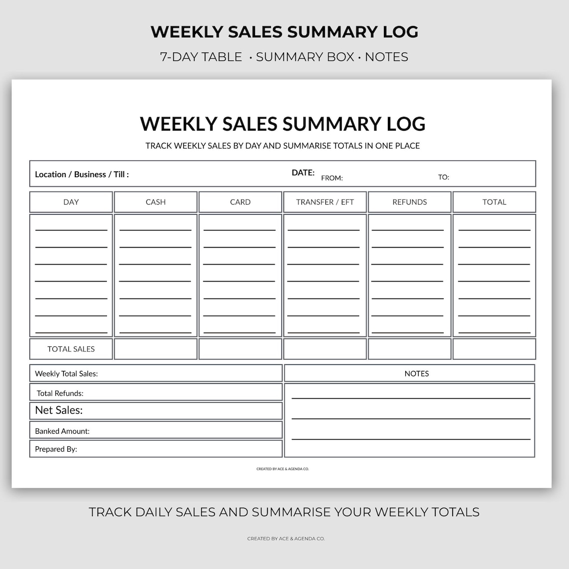 Weekly Sales Summary Log | Small Business Tracker (PDF Download A4/US ...
