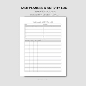 Könnte beinhalten: Ein druckbares Aufgabenplanungs- und Aktivitätsprotokoll-Dokument mit dem Text TASK PLANNER & ACTIVITY LOG, PLAN • TRACK • ACHIEVE und Printable PDF • US Letter • A4 • A5. Das Formular enthält Abschnitte für Top-Prioritäten und Aktivitäten.