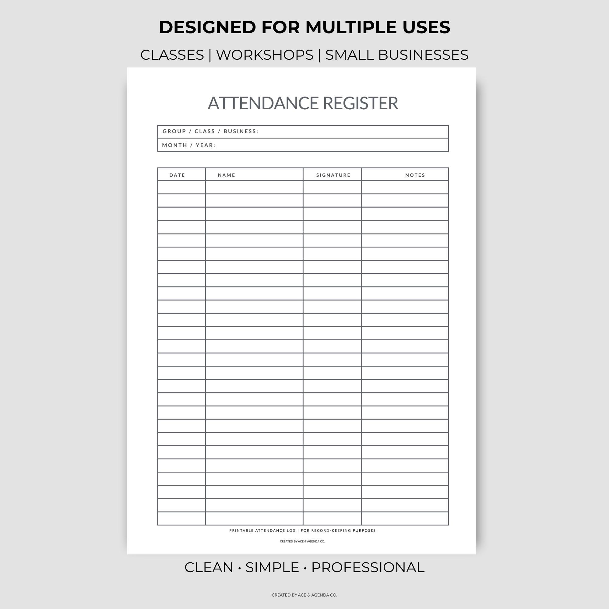 Attendance Register Printable | Attendance Log Sheet PDF | Class ...