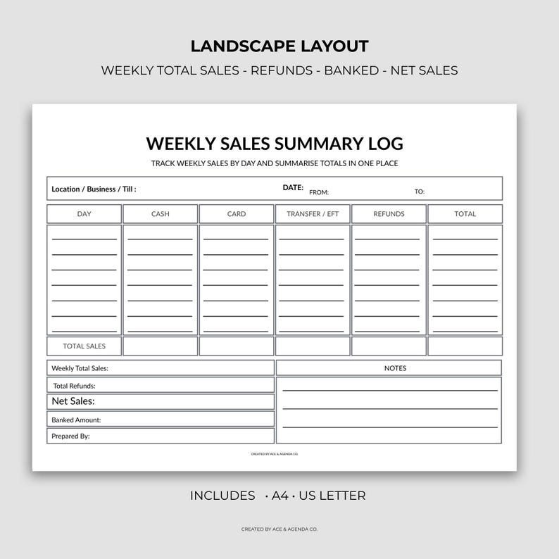 Weekly Sales Summary Log | Small Business Tracker (PDF Download A4/US ...