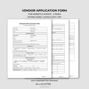 May include: A vendor application form for markets and events, featuring a clean, organized layout. The form is designed for easy handwritten tracking and is available in A4 and US Letter sizes. The document includes sections for vendor and product details.