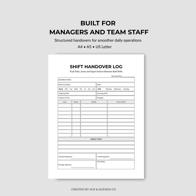 Shift Handover Log Template | Employee Change Form | Staff ...