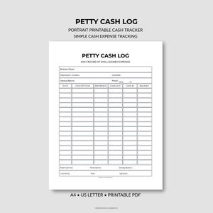 May include: A white printable petty cash log with the title "Petty Cash Log" at the top. The log includes sections for business name, date, description, and cash flow details. The bottom of the page states "A4 • US LETTER • PRINTABLE PDF".