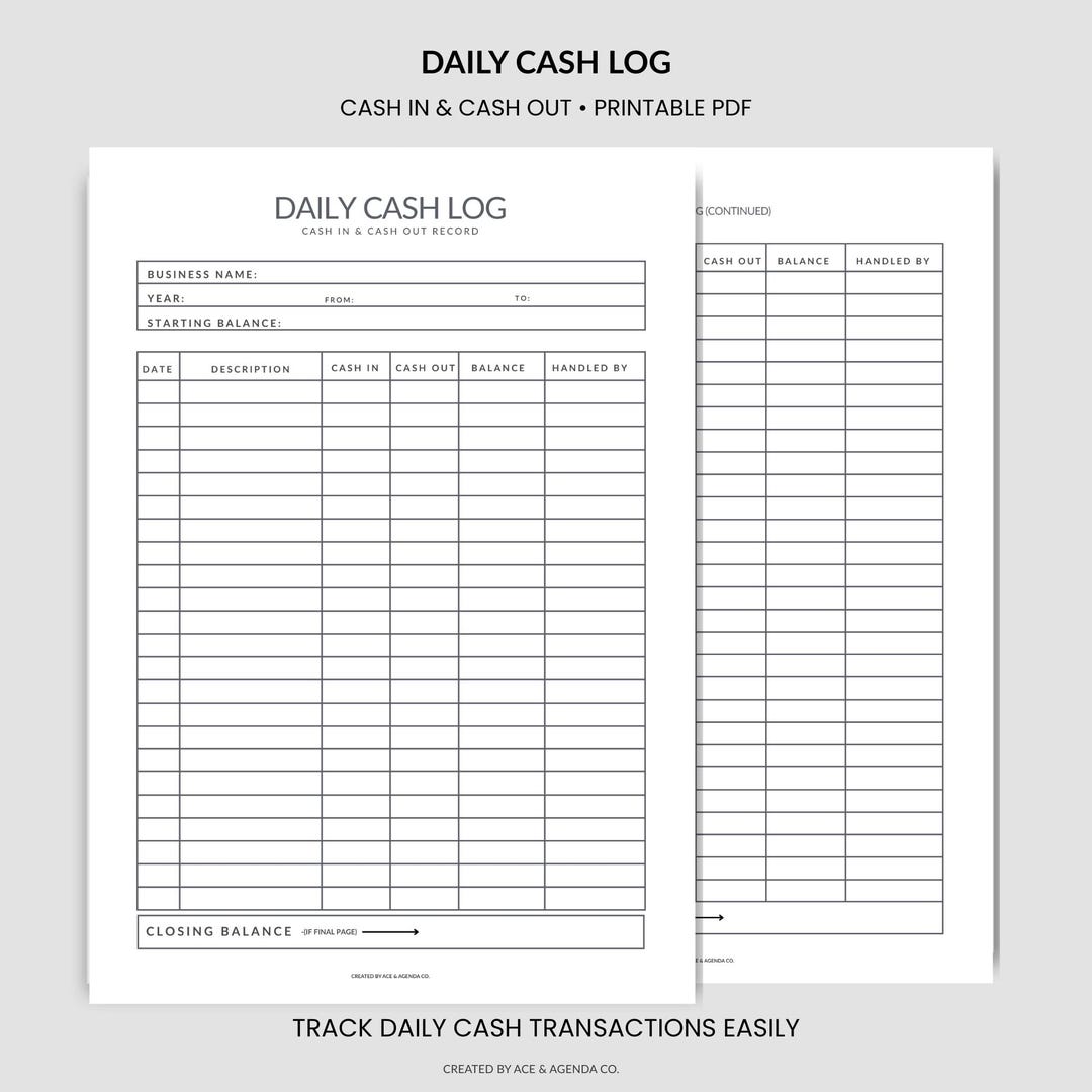 Small Business Cash Log Printable | Daily Cash In/out Tracker (A4/US ...