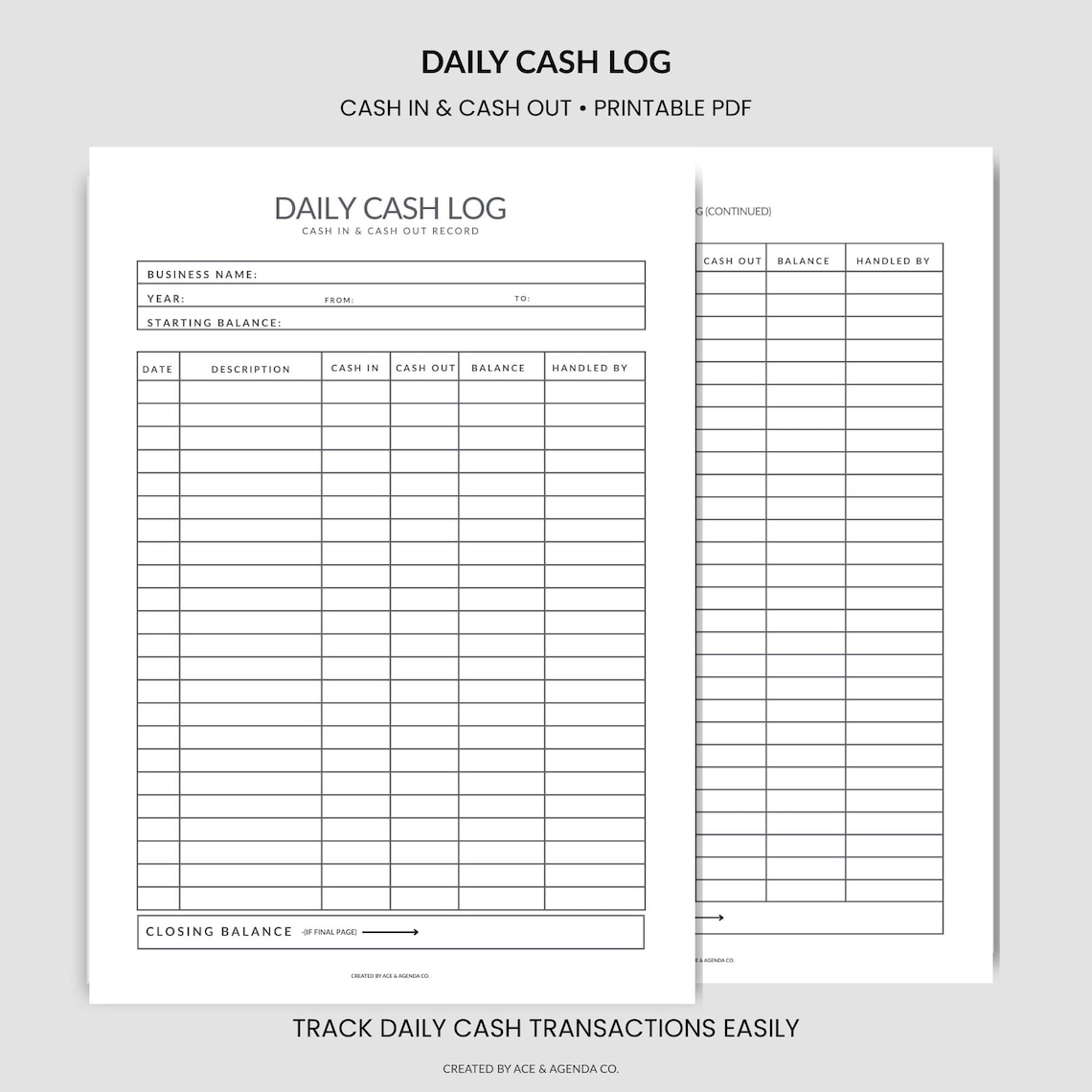 Small Business Cash Log Printable | Daily Cash In/out Tracker (A4/US ...