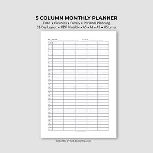 May include: A white 5-column monthly planner with a 31-day layout. The planner includes sections for date, business, family, and personal planning. Text at the top reads "5 COLUMN MONTHLY PLANNER". The planner is a PDF printable in A5, A4, A3, and US Letter sizes.