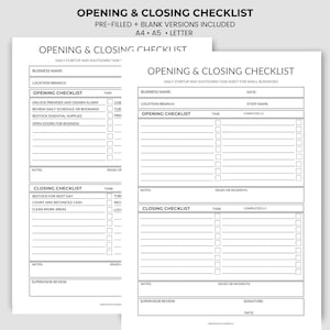 May include: Two white A4 sheets with a black printed "OPENING & CLOSING CHECKLIST". The checklist includes sections for business name, opening checklist, closing checklist, and supervisor review. The checklists are for daily startup and shutdown tasks.