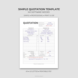Puede incluir: Una plantilla de cotización imprimible en blanco con texto negro. La plantilla incluye campos para un número de cotización, fecha e información del cliente. El documento enumera servicios como limpieza de jardines y poda de árboles, con los costos asociados.
