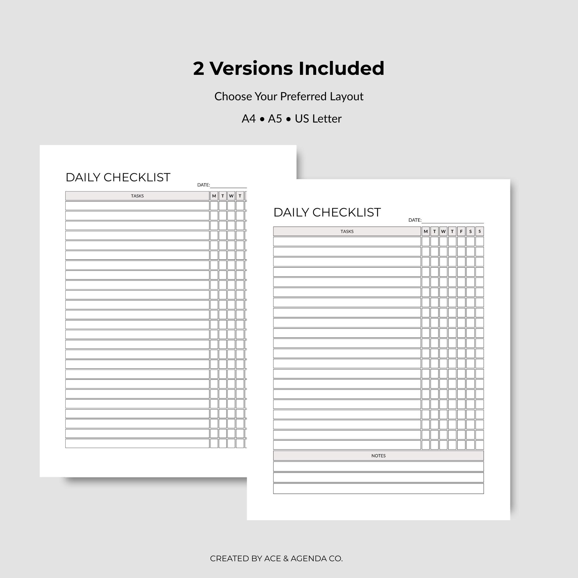 Daily Checklist Printable | Habit Tracker, Task Planner (A3, A4, A5, US ...