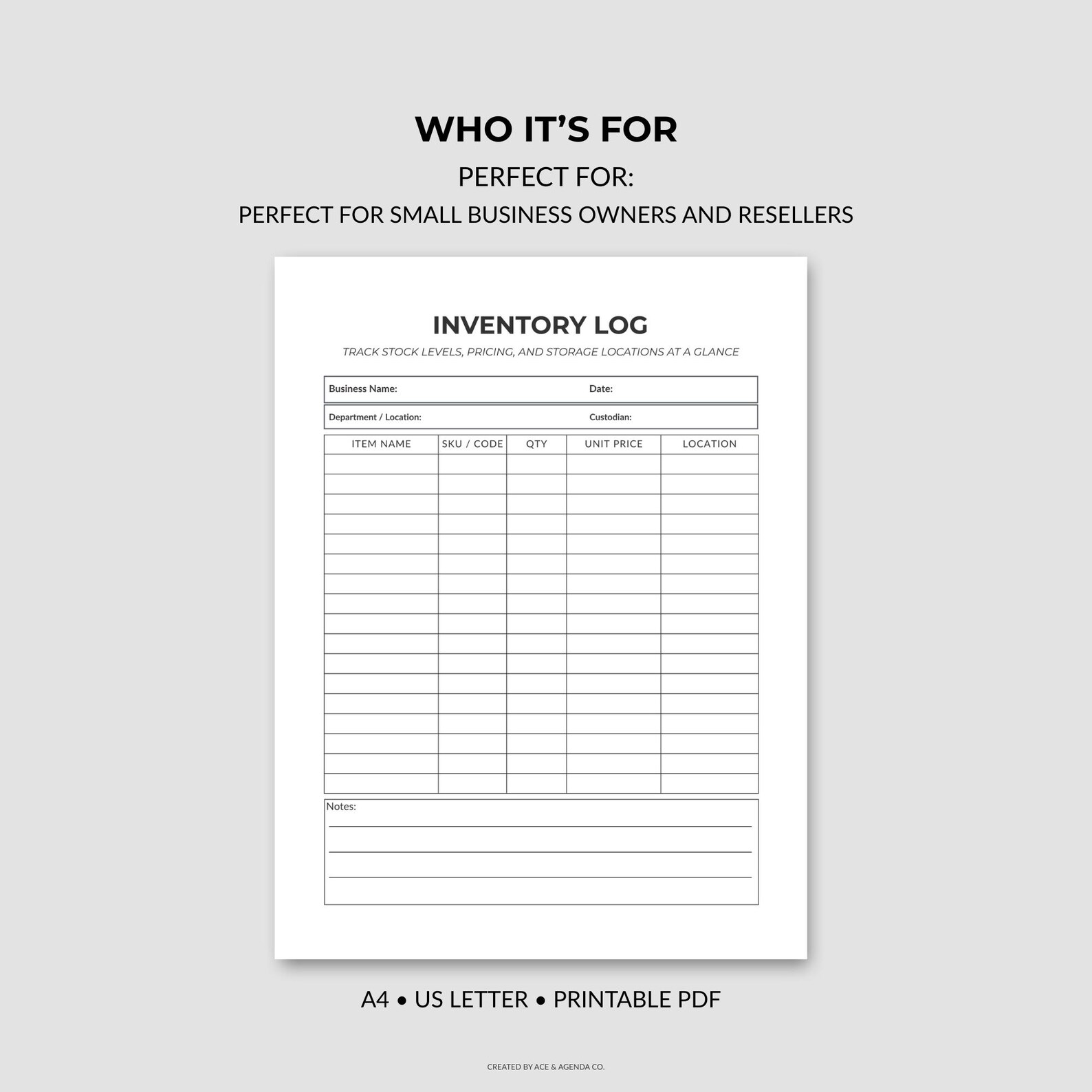 Inventory Log Printable | Small Business Stock Tracker (PDF Download ...