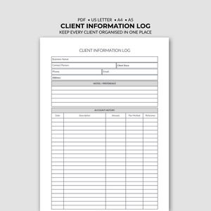 Client Information Log Printable | Small Business Client Tracker (PDF Download A4/A5/US Letter)