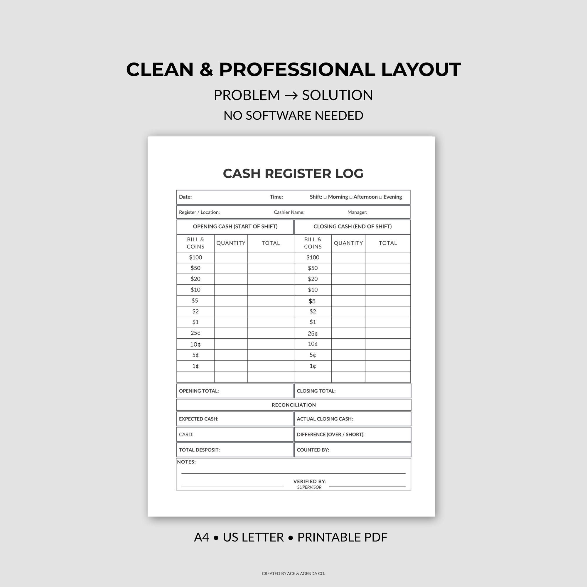 Cash Count Sheet Printable | Daily Register Reconciliation Log (PDF ...