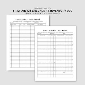 Puede incluir: Una lista de verificación y registro de inventario para botiquín de primeros auxilios imprimible en formatos A4 y US Letter PDF. Los documentos presentan texto negro sobre papel blanco con columnas para artículos, cantidades y fechas.