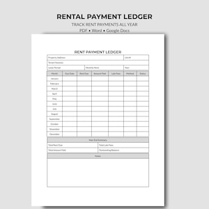 Puede incluir: Una plantilla de registro de pagos de alquiler en blanco y negro. El encabezado dice RENTAL PAYMENT LEDGER, TRACK RENT PAYMENTS ALL YEAR, PDF, Word, Google Docs. Incluye campos para la dirección, el inquilino y una tabla de pagos.
