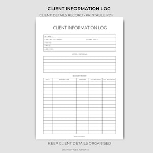 Op de afbeelding: Een afdrukbaar PDF-klantinformatielogboek met een strak, minimalistisch ontwerp. Het document bevat velden voor klantgegevens, notities en accountgeschiedenis. De tekst bovenaan luidt "Client Information Log" en "Client Details Record - Printable PDF."