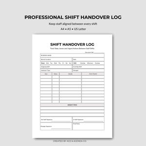 May include: A black and white professional shift handover log template document. The form includes fields for business name, location, date, week, shift, staff names, and manager. It features a table for tasks, status, details, and action needed.