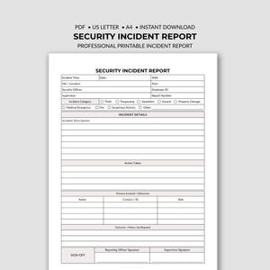 May include: A printable security incident report form on a white background. The document features fields for incident time, date, location, officer details, and categories like theft, fire, or assault, with sections for incident details and signatures.