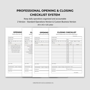 Może przedstawiać: Profesjonalny system list kontrolnych otwarcia i zamknięcia. Tekst brzmi: PROFESSIONAL OPENING & CLOSING CHECKLIST SYSTEM, Keep daily operations organized and accountable, 2 Version - Standard Operations Version & Custom Business Version, A4, A5, US Letter, CREATED BY ACE & AGENDA CO.