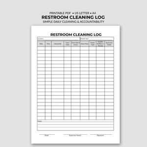 May include: A black and white printable restroom cleaning log document featuring a grid for date, time, staff name, and specific tasks like cleaning toilets, sinks, mirrors, and floors, plus sections for trash, supplies, and supervisor initials.