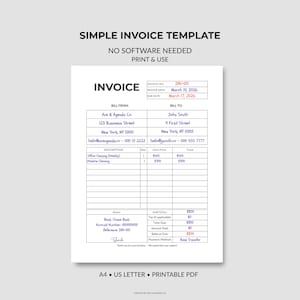 May include: A printable PDF invoice template on US Letter size paper. The invoice includes fields for invoice number, date, and due date. It also has sections for the bill from and bill to addresses, description of services, and payment details.