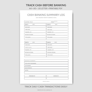 Può includere: Un registro di riepilogo bancario in PDF stampabile bianco con sezioni per il monitoraggio giornaliero delle vendite, comprese le vendite in contanti, le vendite con carta e i rimborsi. Il documento include il testo "Track Cash Before Banking".