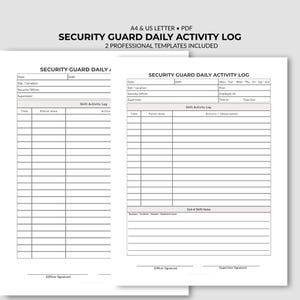 May include: A digital security guard daily activity log template in A4 and US letter size. The document features black text on a white background with fields for date, shift, site, officer, and supervisor, plus a detailed shift activity log table.