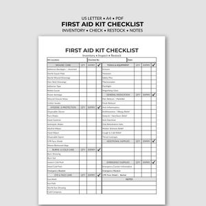 Puede incluir: Una lista de verificación imprimible en blanco y negro para botiquín de primeros auxilios con secciones para inventario, inspección y reabastecimiento. El formulario incluye categorías para curaciones, higiene, quemaduras y suministros.
