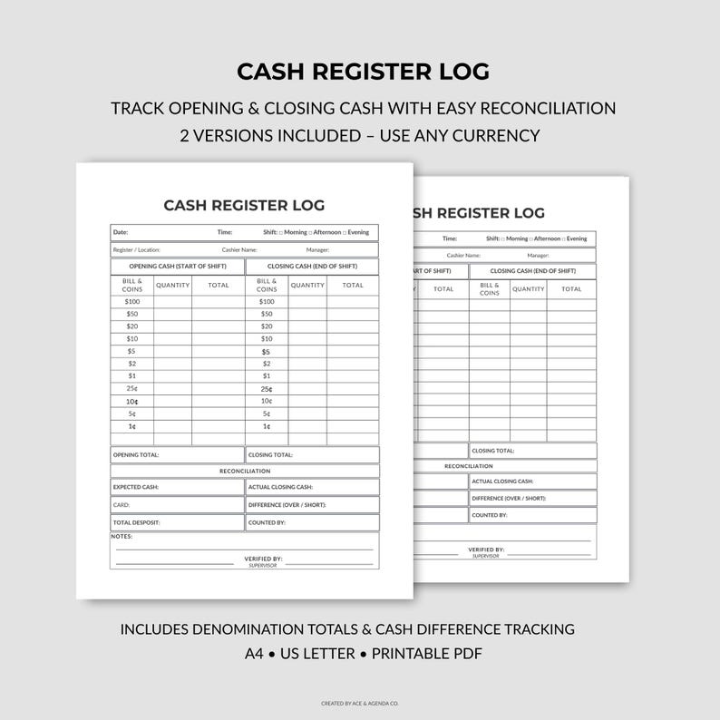 Cash Count Sheet Printable | Daily Register Reconciliation Log (PDF ...