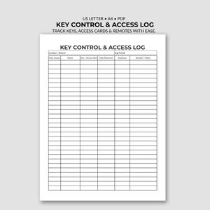 Pode incluir: Um documento imprimível branco intitulado KEY CONTROL & ACCESS LOG com colunas para Location/Branch, Log Period, Date Issued, Name, Key/Access Item, Date Returned, Signature e Remarks/Notes. O texto do cabeçalho diz US LETTER • A4 • PDF.