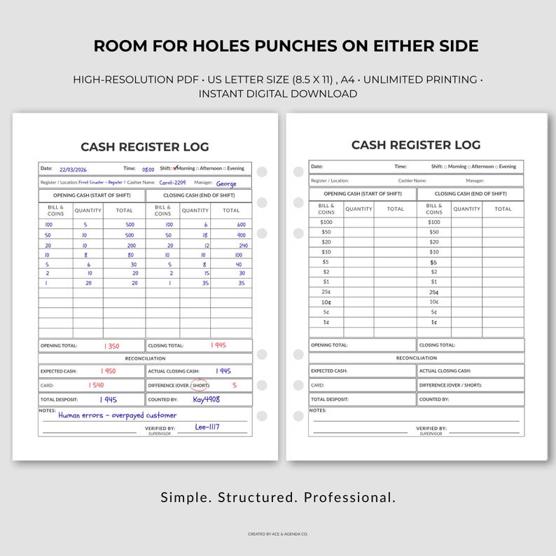 Cash Count Sheet Printable | Daily Register Reconciliation Log (PDF ...