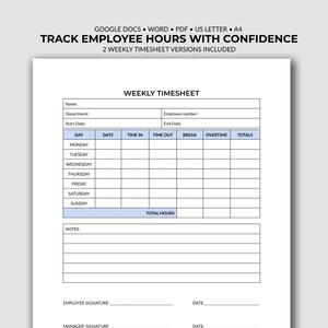 Redigerbar veckovis tidrapportmall | Google Docs Word | Utskrivbar PDF | Måndag och söndag start