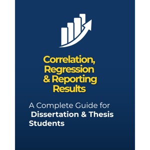 Op de afbeelding: Boekomslag met een donkerblauwe achtergrond. De titel luidt "Correlation, Regression & Reporting Results" in geel en oranje. De ondertitel is "A Complete Guide for Dissertation & Thesis Students".