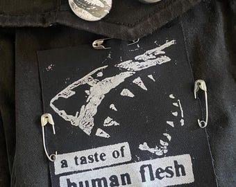 Megalodon Patch | A Taste of Human Flesh | Printed Patch for Jackets, Bags, Jeans | Punk, Gothic, Horror Patch