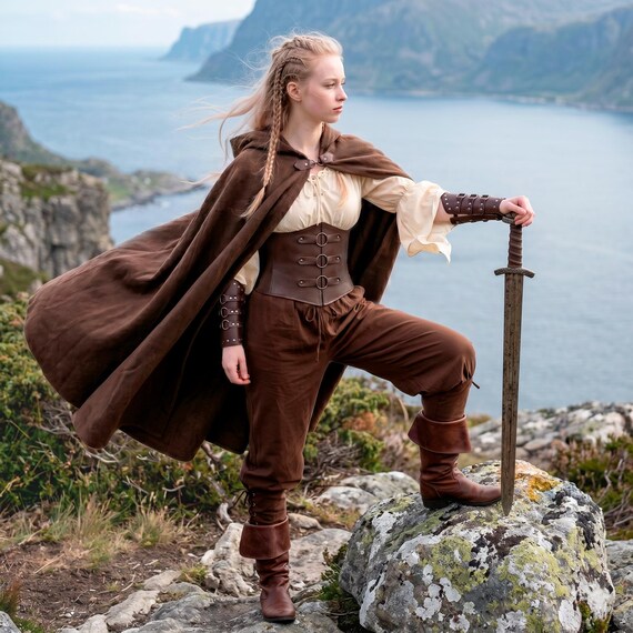 Medieval Viking Warrior Women Costume: Blouse, Pants, Corset, Bracers, Hooded Cape Cloak, Faux Leather Boots | Custom Renfaire Cosplay LARP