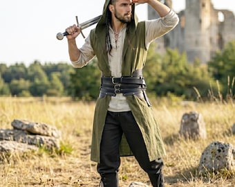 Disfraz medieval vikingo para hombre: sobrevesta verde con capucha + túnica + pantalones + cinturón / Disfraz de guerrero renacentista para LARP