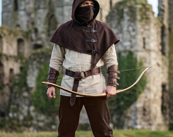 Costume da arciere medievale da uomo: cappuccio + tunica con lacci + pantaloni + cintura + bracciali / Cosplay da ranger vichingo per rievocazioni storiche