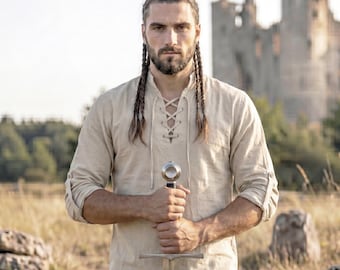 Túnica de lino y algodón para hombre, camisa pirata beige con cordones medievales, disfraz de vikingo para feria renacentista.