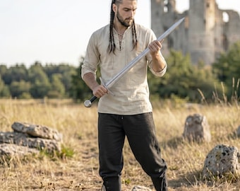 Camicia medievale da uomo, tunica e pantaloni allacciati in lino e cotone, costume da vichingo per rievocazioni rinascimentali, ideale per cosplay.