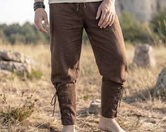 Linen Cotton Mens Pants, Medieval Lacing Pirate Trousers, Renaissance Faire Viking Ranger Cosplay Costume